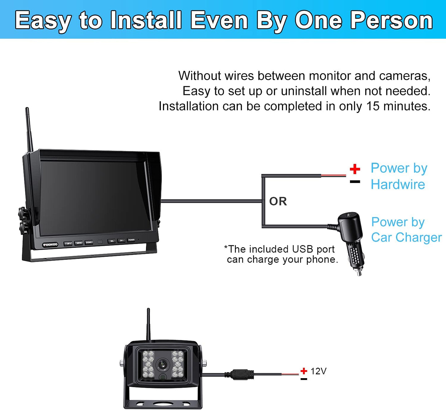 Fookoo 1080P 10" Wireless Backup Camera System, 10" Quad Split Monitor with Loop Recording, IP69 Waterproof Rear&Side View Cameras, Digital Signal Parking Lines for RV/Truck/Trailer/Van(DW104)