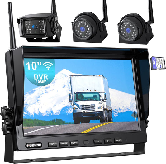 Fookoo 1080P 10" Wireless Backup Camera System, 10" Quad Split Monitor with Loop Recording, IP69 Waterproof Rear&Side View Cameras, Digital Signal Parking Lines for RV/Truck/Trailer/Van(DW103)