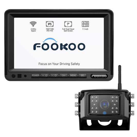 Fookoo HD 1080P 7" Wireless RV Backup Camera System, 7" Split Screen Recording Monitor, IP69 Waterproof Rear View Camera w/Parking Lines & Infrared Lights, 4 Channels for Truck/Trailer/Van/Bus (DW7)