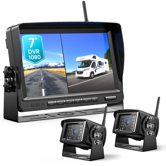Fookoo 1080P 7" Wireless Backup Camera System, 7" HD Dual/Quad Split Monitor with Recording, IP69 Waterproof Rear View Front View Cameras with Parking Lines, Suits for RV/Truck/Trailer/Van/Bus(DW702)