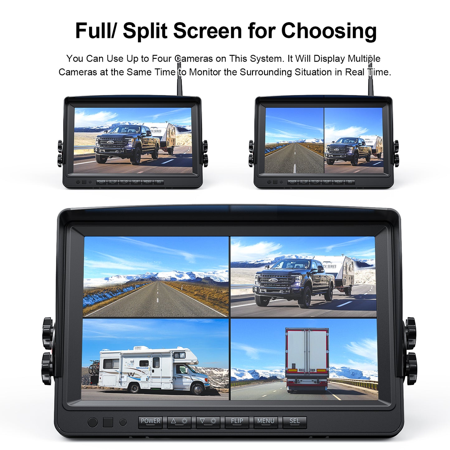 Fookoo 9" 1080P Wireless Backup Camera, Full/Dual/Quad Split Screen, IP69 Waterproof IR Lights Side&Rear Cameras, Parking Lines Assistance, Loop Recording for Heavy Vehicle Trailer RV Truck (DW903)