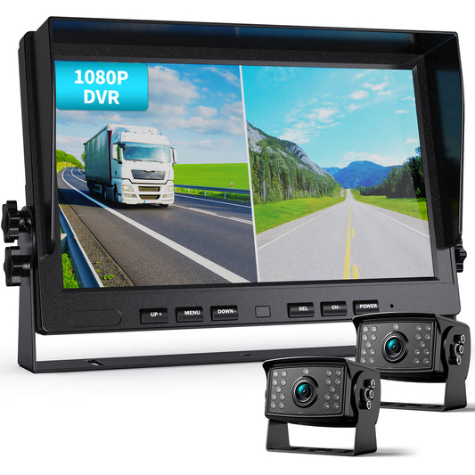 Fookoo Ⅱ HD 1080P Wired Backup Camera System Kit,10 inch Dual Split Screen Monitor with Recording IP69 Waterproof Front View Rear View Cameras Parking Lines for Truck/Semi-Trailer/Box Truck/RV(DY102)