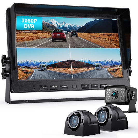 Fookoo Ⅱ 10" 1080P Wired Backup Camera System Kit,10" HD Triple Split Screen Monitor with Recording IP69 Waterproof Rear View Side View Camera Parking Lines for Truck/Semi-Trailer/Box Truck/RV(DY103)