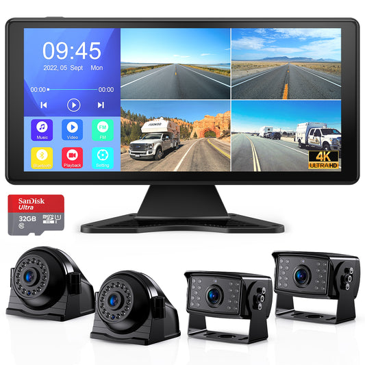 Fookoo 4K 10.36" Wired Touch Screen Backup Camera System, Quad Split Screen Front Rear Side Cameras, Playback Built-in Recording Bluetooth Video Music, Parking Lines for RV Truck Trailer(DY1036)